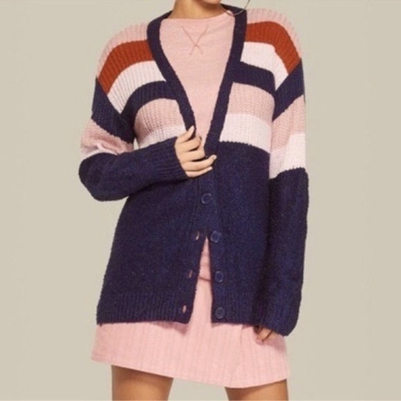 Striped Knit Cardigan Sweater L - Picture 1 of 5